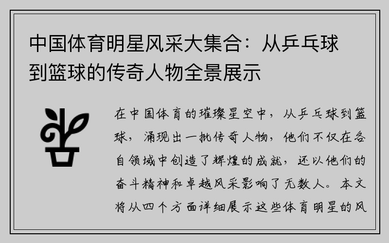 中国体育明星风采大集合：从乒乓球到篮球的传奇人物全景展示