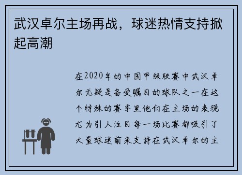 武汉卓尔主场再战，球迷热情支持掀起高潮